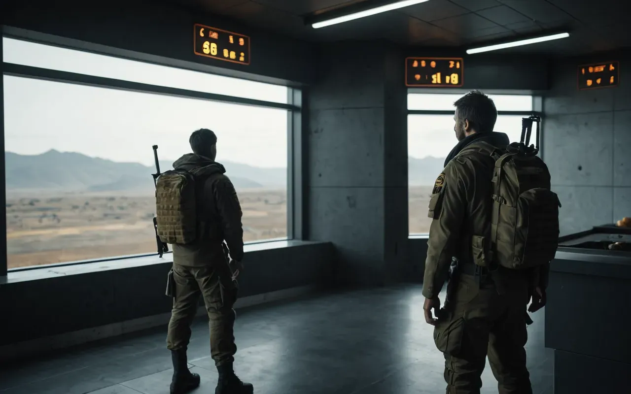 A first-person view of a modern tactical room with dim ambient lighting and clean geometric shapes where two players stand waiting in silence near a large window overlooking a futuristic cityscape at dusk without any visible text or signage.