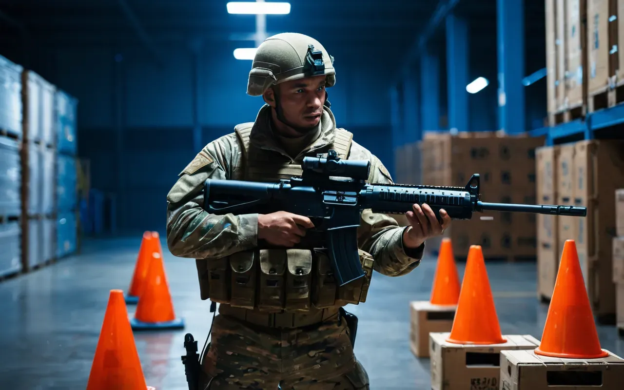 assault rifle gameplay scene A first-person view of a soldier holding an assault rifle in a dimly lit modern warehouse with scattered crates and orange safety cones under cold blue lighting.