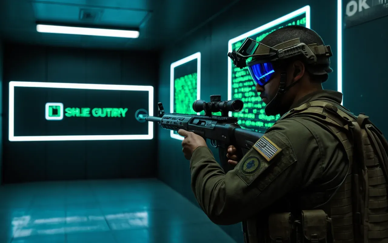 A first-person view of a tactical visor displaying green digital data streams in a dark corridor. The reflection shows a soldier holding a shotgun. Neon blue lighting casts shadows on the concrete walls.