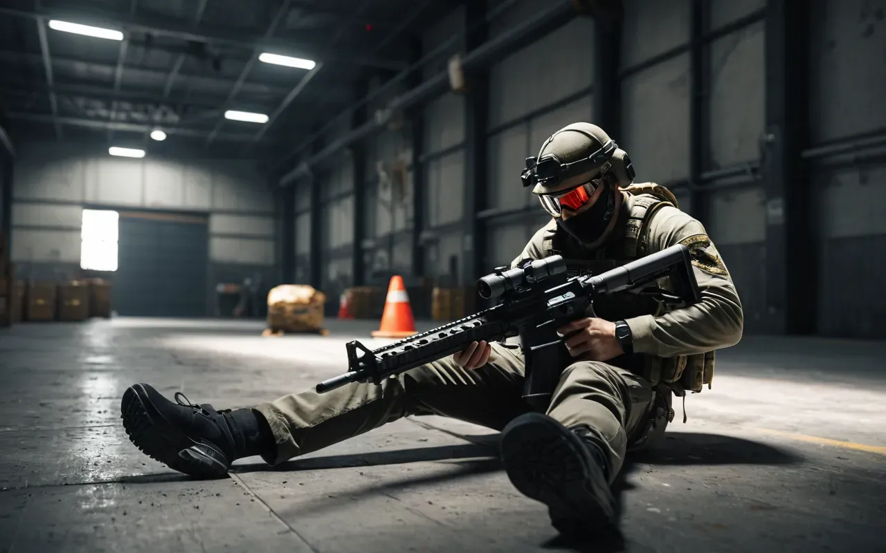 A first-person view of a video game character sliding across a concrete floor past low cover while holding an assault rifle with red dot sight illuminated in dim industrial lighting.