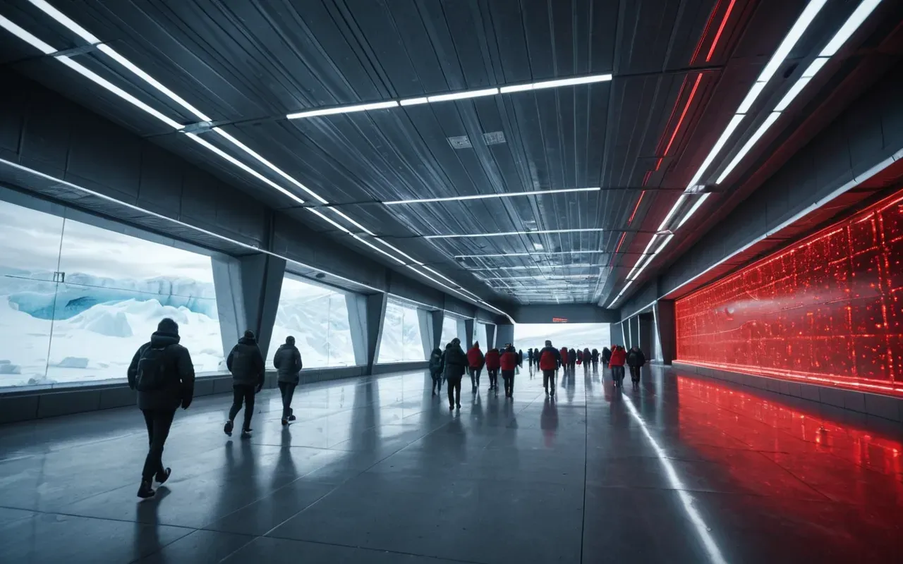 A futuristic arctic facility with ice crystals and red laser lights inside a large open room where people are running.