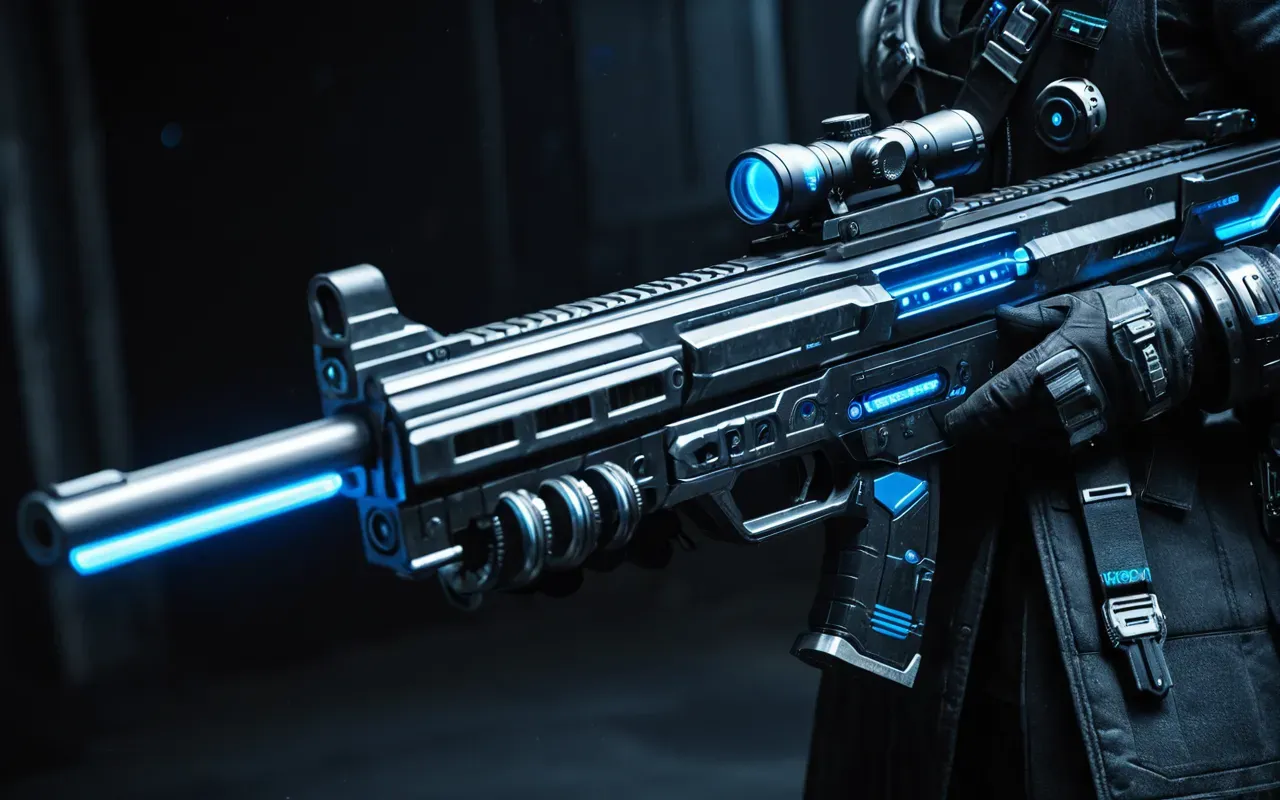 A futuristic energy rifle with glowing blue components and intricate mechanical details. The weapon is held in a gloved hand against a dark background.