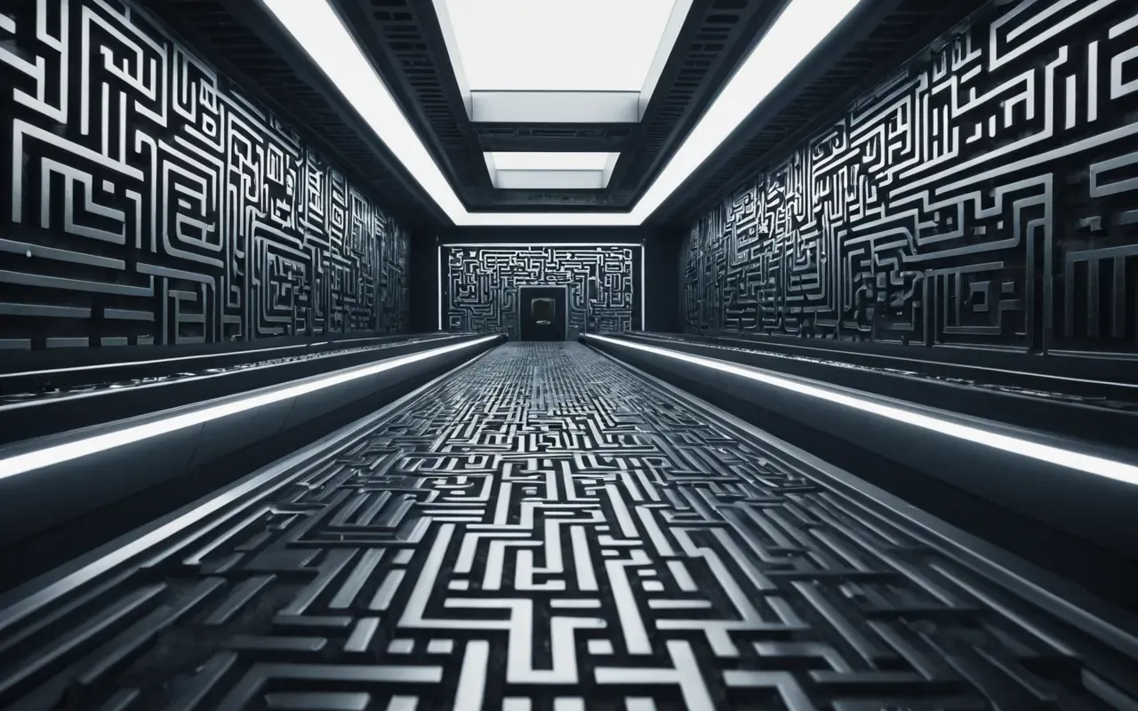 A futuristic interior with metallic bumpers and ramps arranged in a complex maze like structure with bright lighting and no visible text.