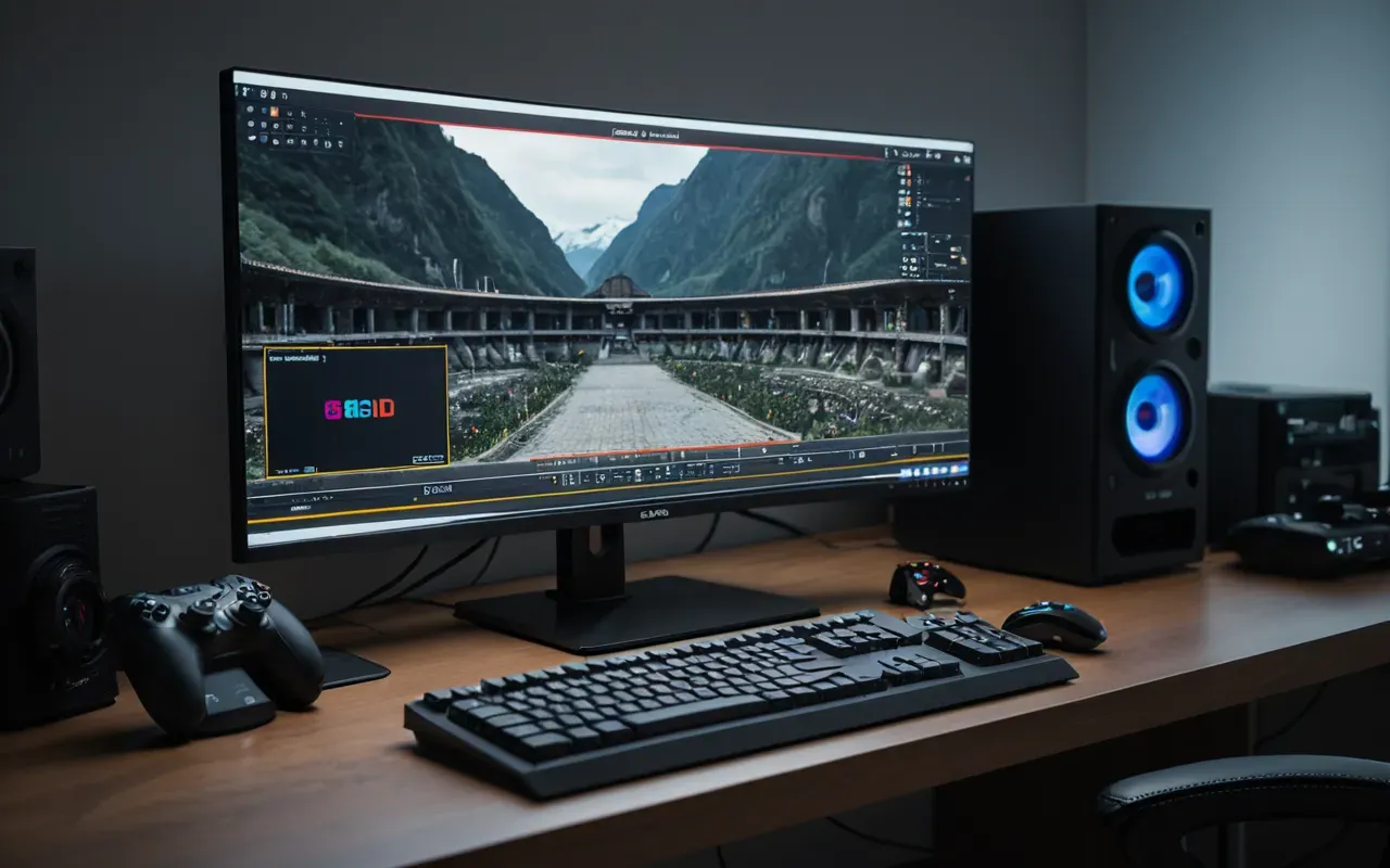 A gaming setup with a high end monitor displaying colorful abstract graphics and two ergonomic controllers resting on a clean desk surface under soft ambient lighting.