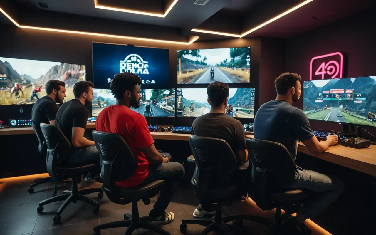 A group of diverse gamers sitting in a modern room with multiple monitors displaying colorful video game characters and vibrant lighting effects.