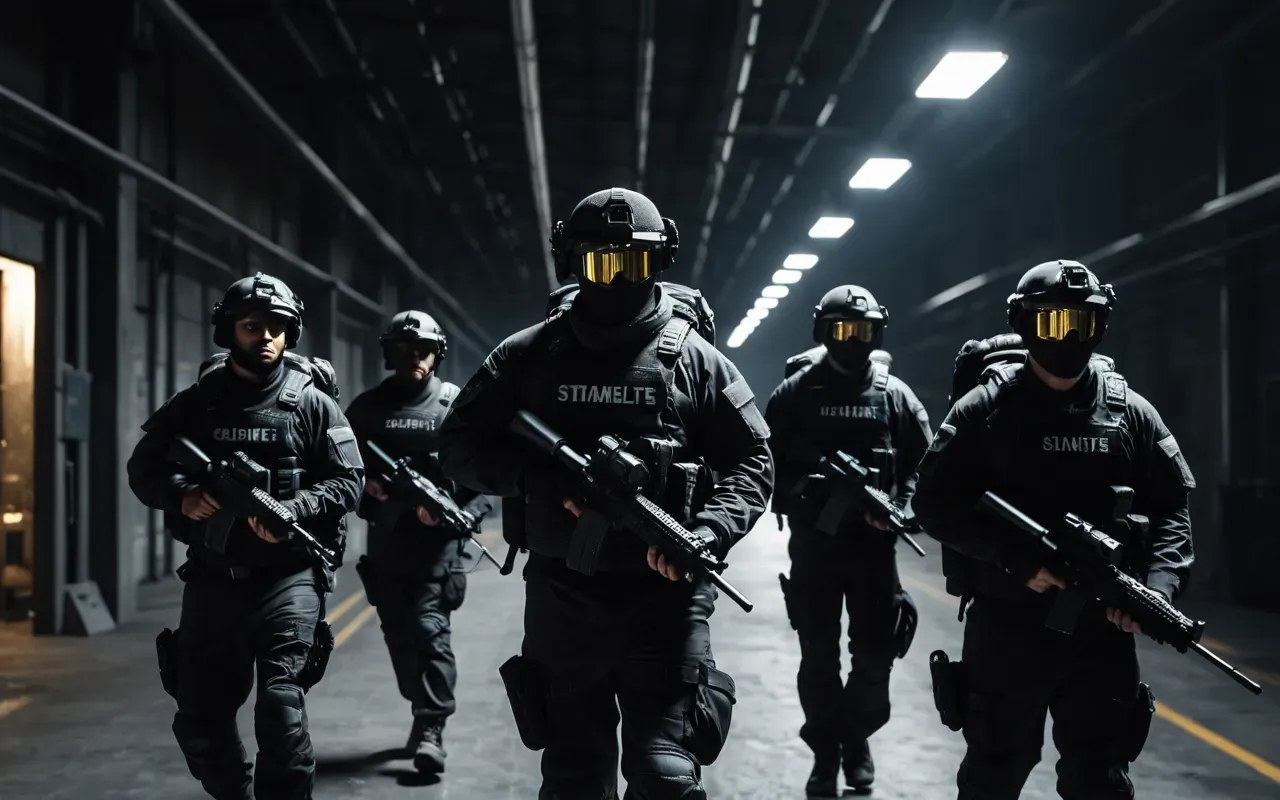 A group of four characters in tactical gear moving through a dark industrial facility with flashlights cutting through the darkness creating shadows and tension as they proceed cautiously forward together