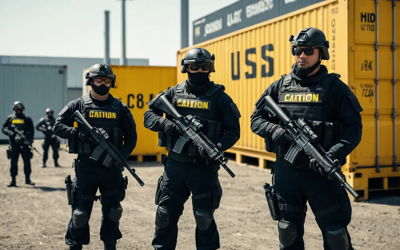 tactical squad coordination scene A group of four tactical soldiers coordinating near a large industrial container yard with yellow caution tape and stacked metal boxes under bright daylight.