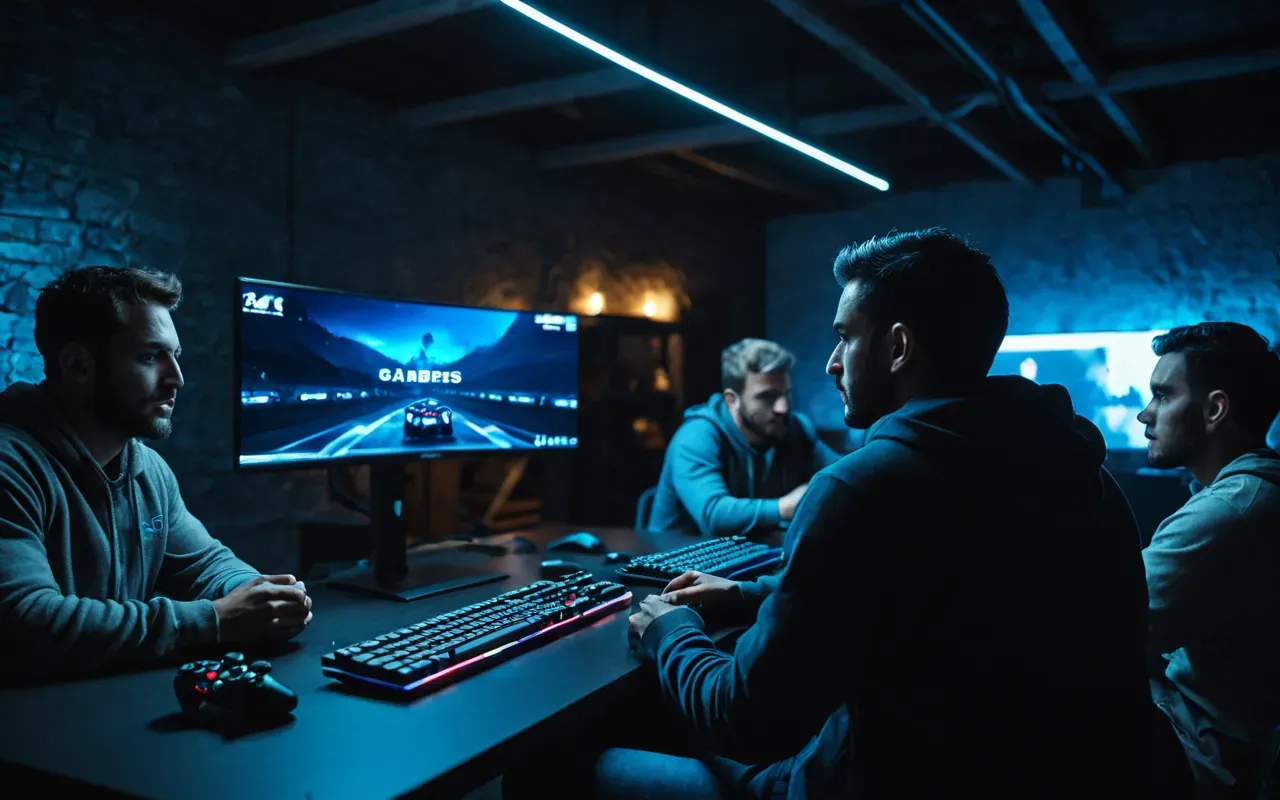 A group of gamers in a dimly lit room with blue LED lighting. They are focused on high-end gaming monitors displaying intense action scenes.