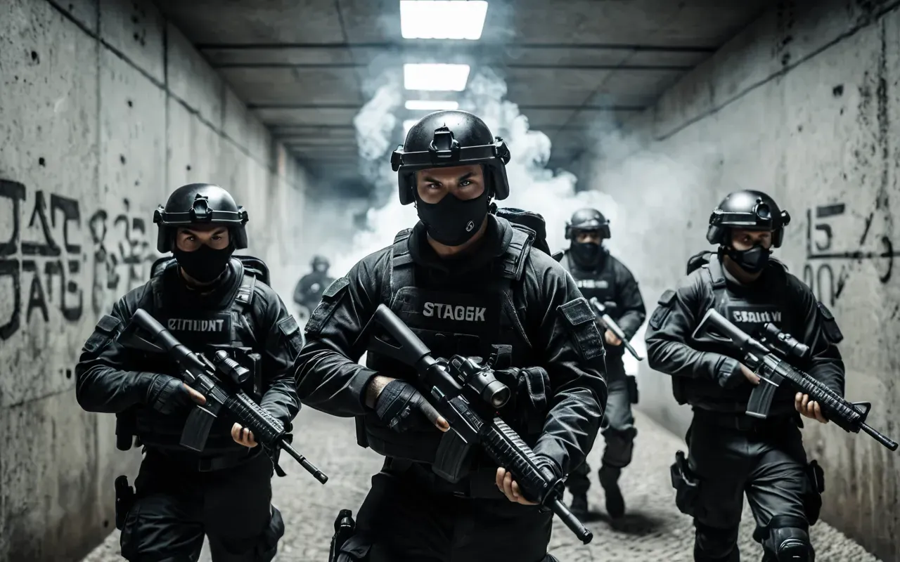 A group of players in tactical gear moving through a concrete maze with dynamic lighting and smoke effects creating a tense atmosphere.