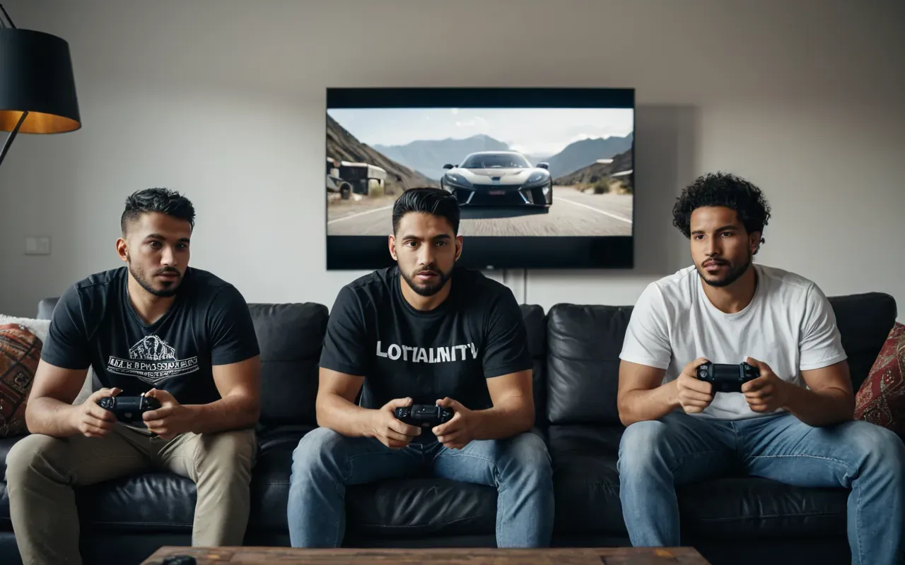 A group of three diverse gamers sitting in a modern living room with comfortable couches. They are holding controllers and looking at a large screen that emits warm light. Snacks and drinks sit on the coffee table.