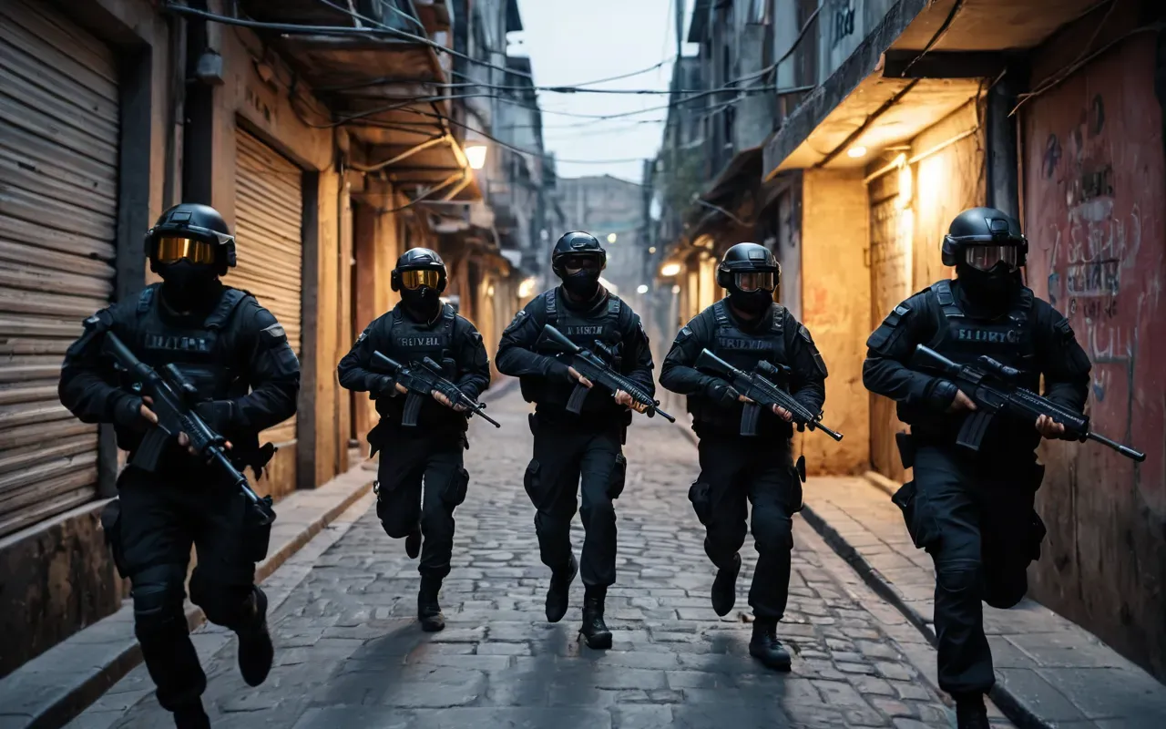 A group of video game characters in tactical gear running through a narrow urban alleyway at dusk with motion blur indicating speed and urgency.