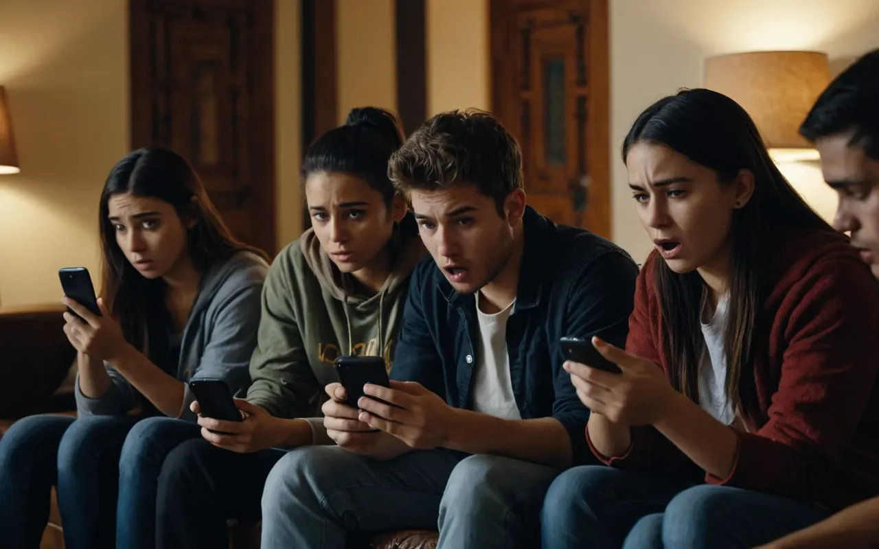 A group of young adults sitting in a dimly lit living room. They are looking at their smartphones with expressions of frustration and confusion. The lighting is warm but shadows fall across their faces, highlighting the tension in the room.
