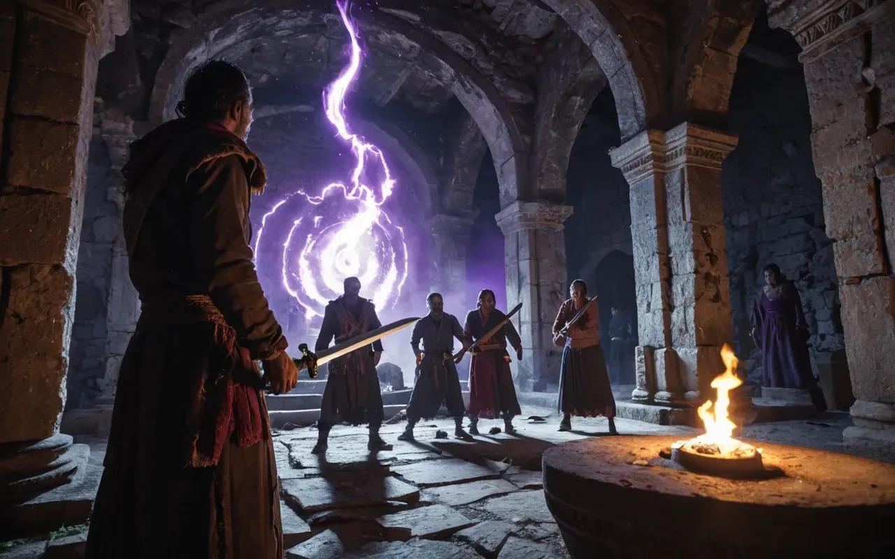 A group of zombie characters swarming around a glowing sword on an altar inside a ruined stone room with purple energy swirling in the air.
