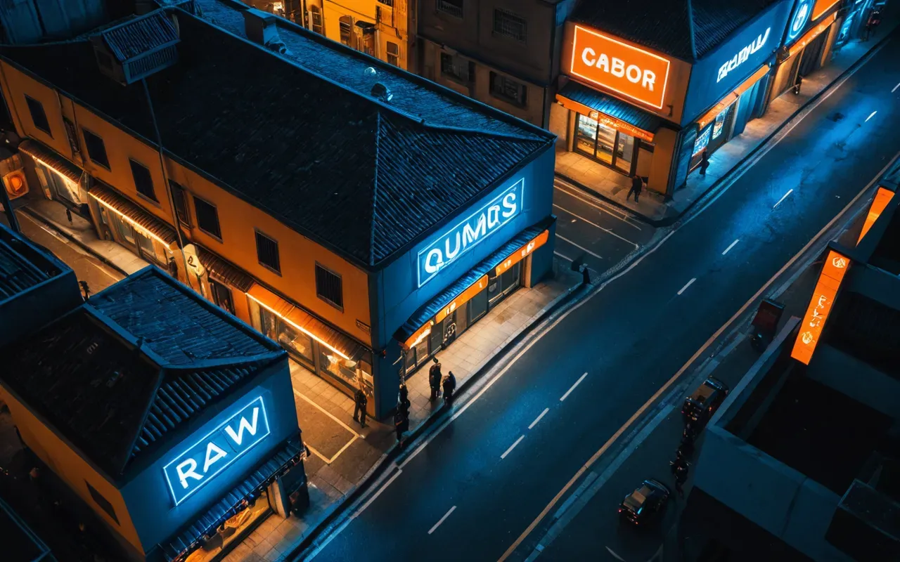 A high-angle view of a modern urban combat map at night with neon blue and orange lighting highlighting two teams moving through narrow streets toward a central objective point.