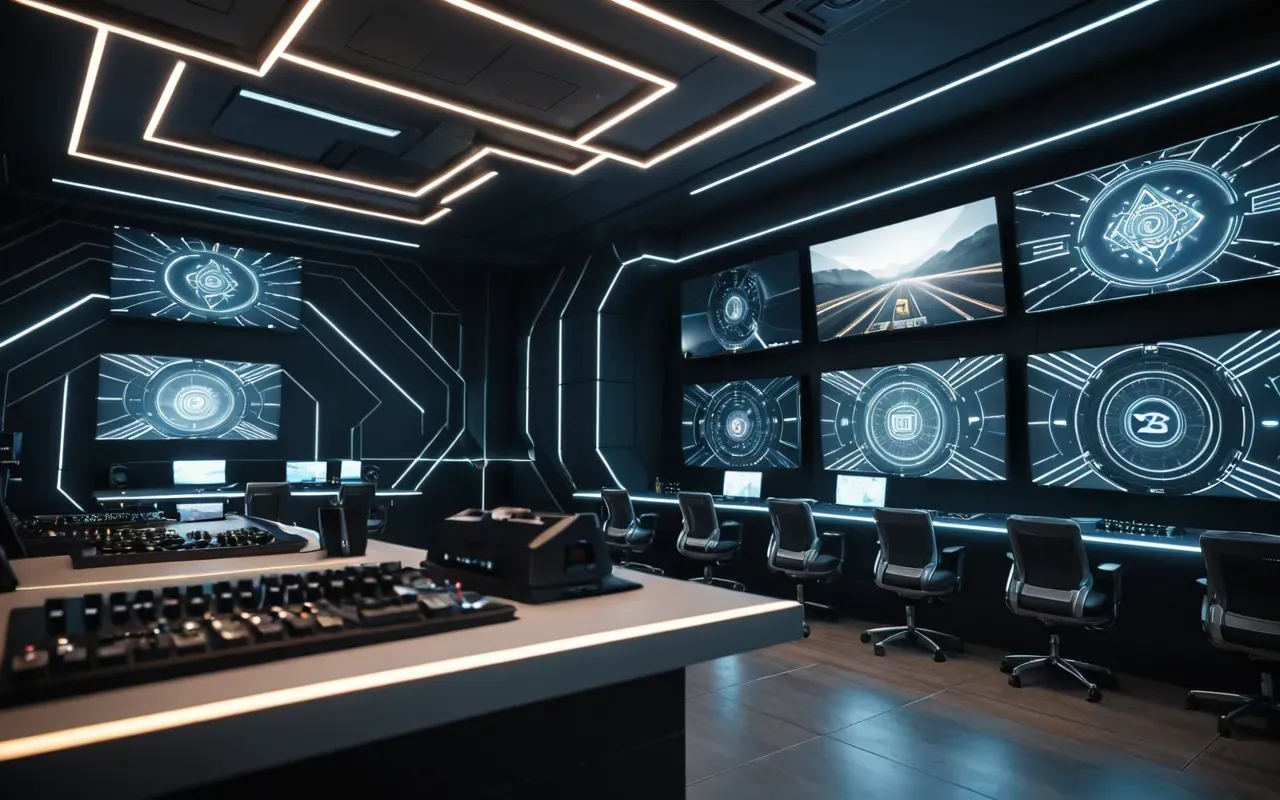 A modern gaming room with multiple monitors displaying abstract geometric patterns and soft glowing lights creating a futuristic atmosphere focused on the clean lines of the setup and ambient color temperature without any readable text or interface elements visible.