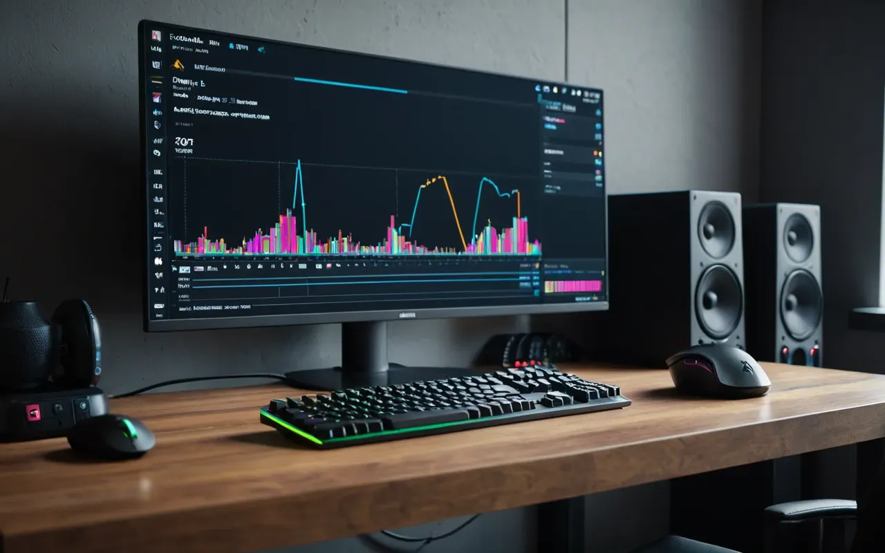 A modern gaming setup featuring a high refresh rate monitor displaying abstract colorful geometric shapes. The desk is clean with a mechanical keyboard and mouse placed neatly under cool blue ambient lighting.