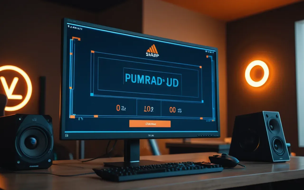 A modern gaming setup with a monitor showing abstract geometric shapes in blue and orange tones representing data visualization concepts without any text or readable content on the screen.