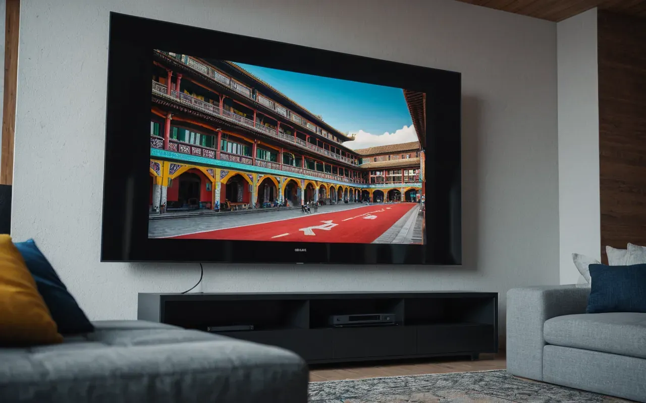 A modern living room with a large television displaying abstract colorful graphics and a comfortable sofa nearby creating a cozy gaming environment.