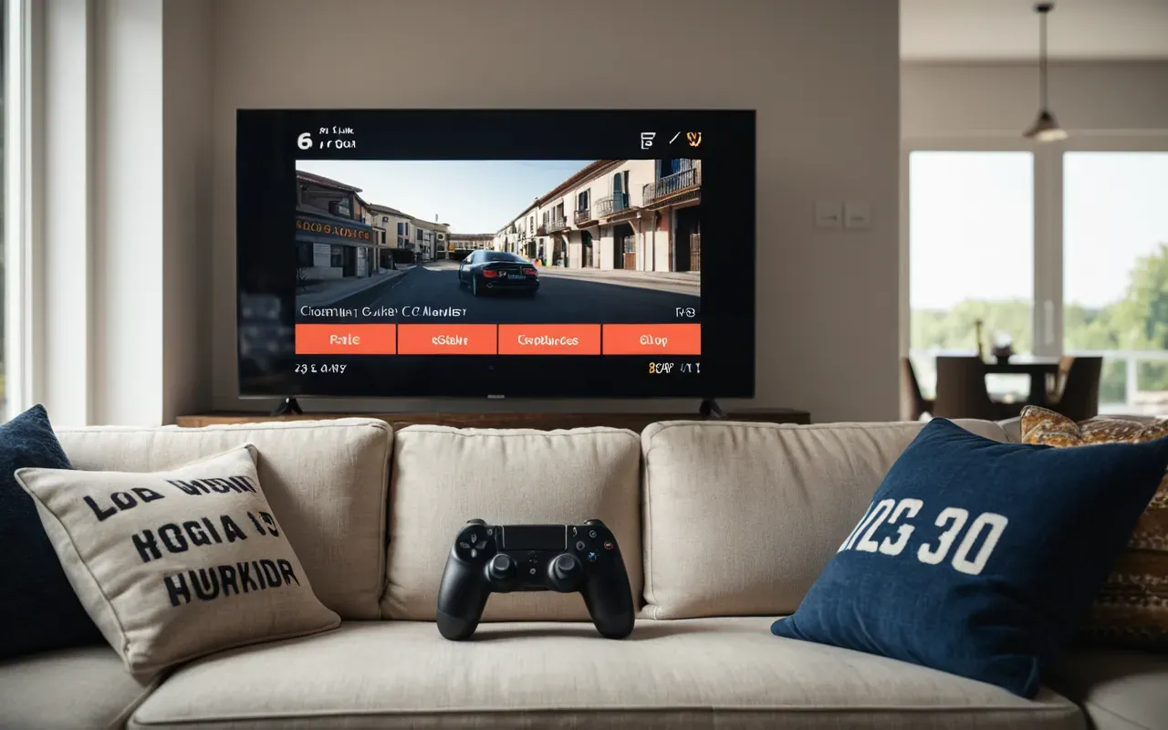A modern living room with a large television screen turned off and two gaming controllers placed on the sofa cushion under bright natural daylight from a nearby window