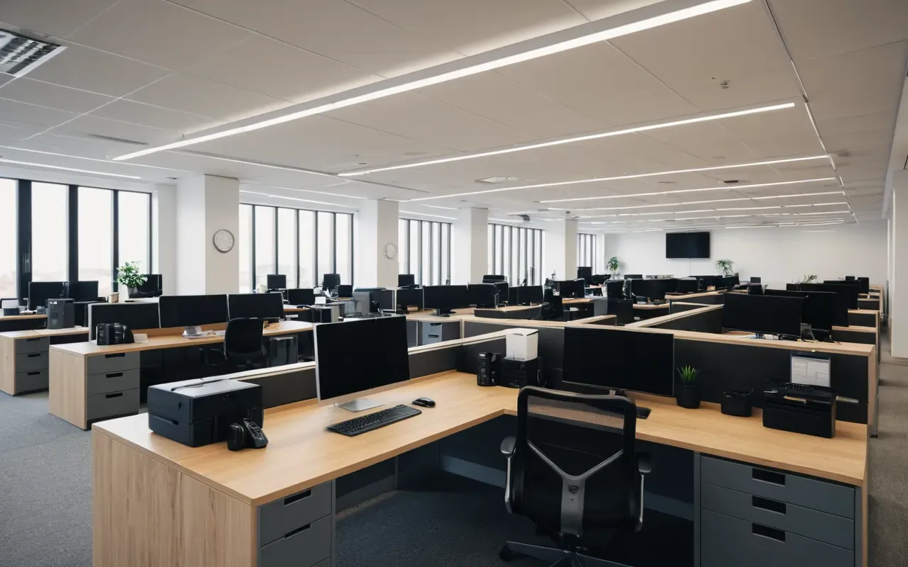 professional workspace A modern minimalist office space with a large desk and computer setup featuring neutral colors and organized storage units creating a professional atmosphere