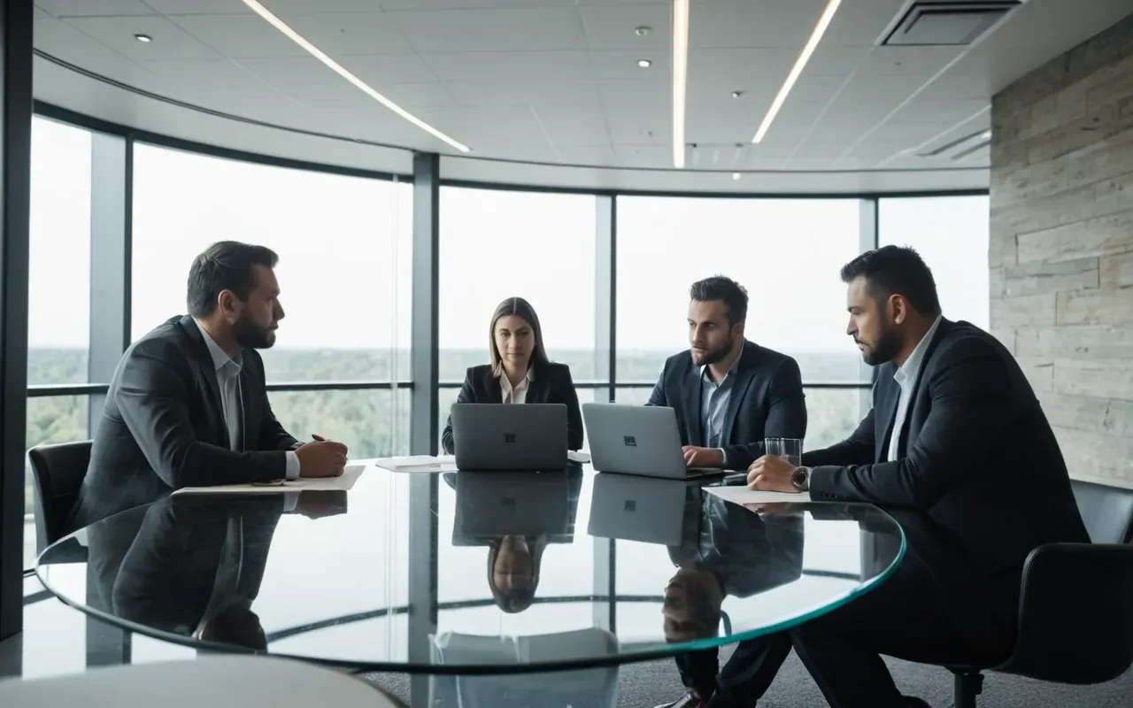 A modern office meeting room with a large glass wall reflecting soft daylight, three people seated at a round table looking at documents and laptops in focused discussion.