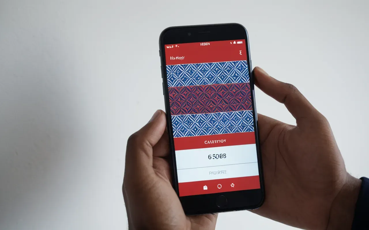 A modern smartphone screen displaying a colorful abstract pattern of geometric shapes in red and blue tones, held by two hands against a plain white wall background.