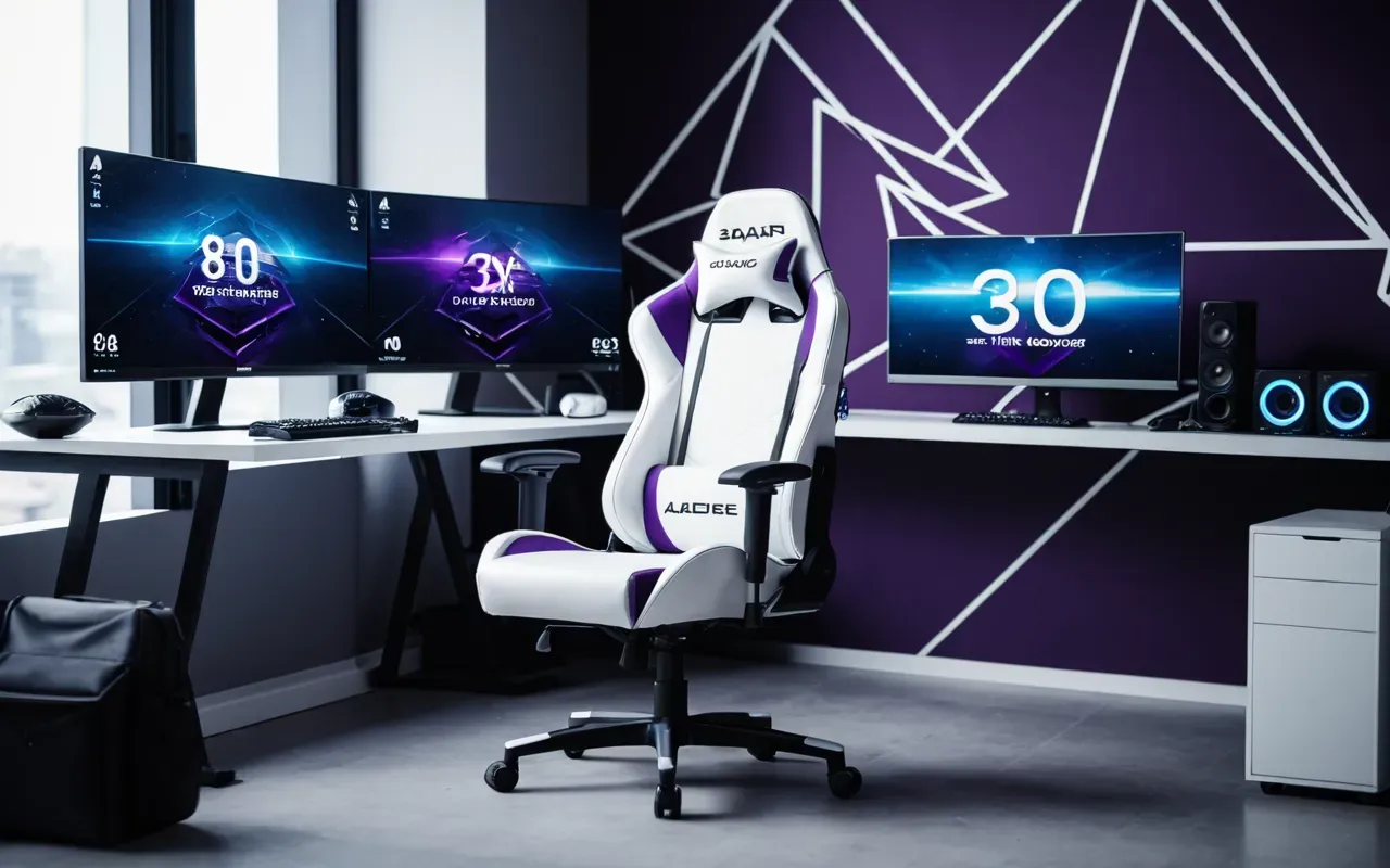 A modern white gaming chair positioned next to a desk with dual monitors displaying abstract geometric shapes in blue and purple hues.