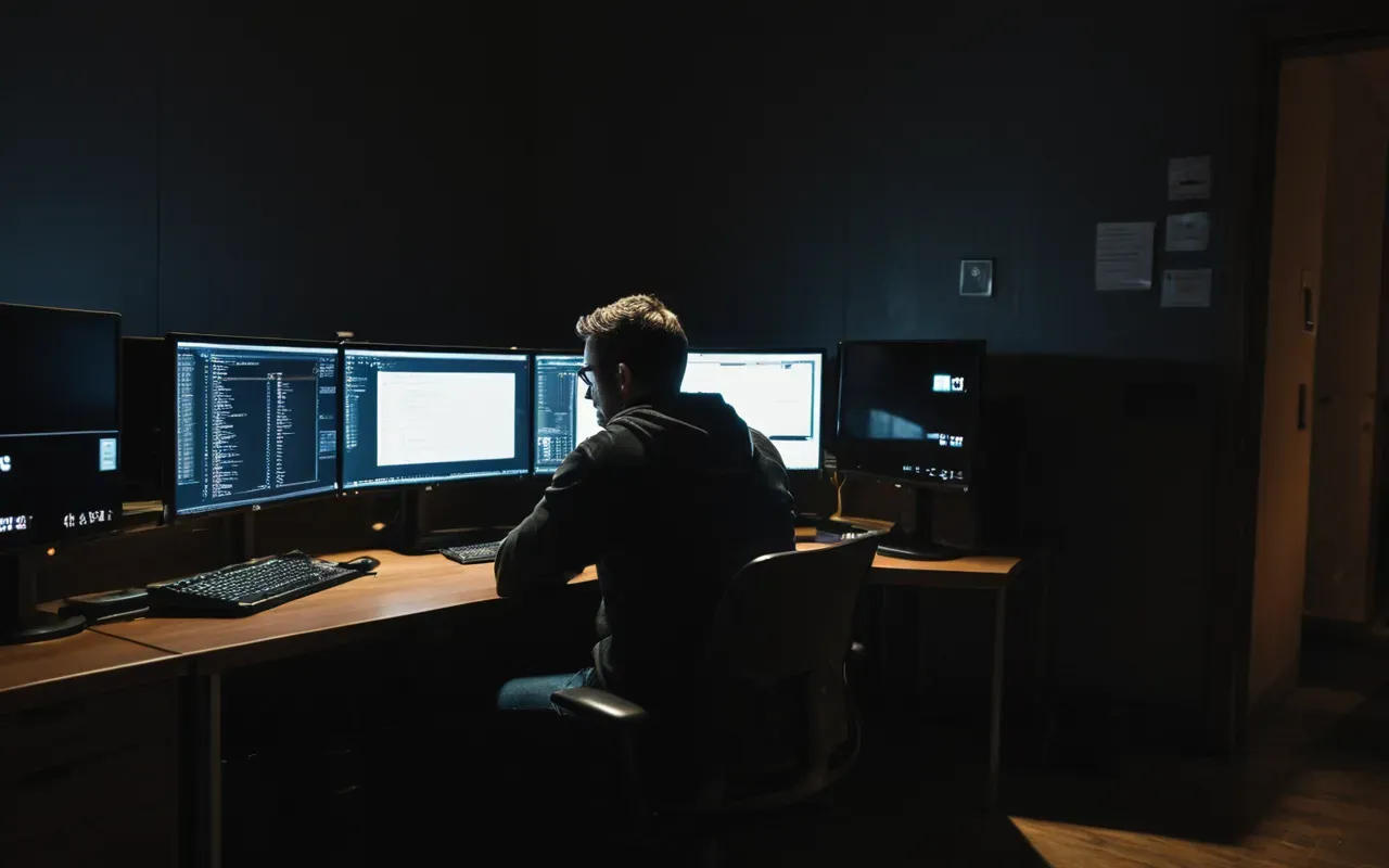 A person sitting at a desk late at night with their face illuminated by the glow of two computer monitors. The room is dark and quiet creating an intense focused atmosphere for deep work or gaming sessions.