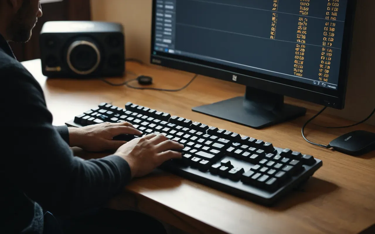 A person sitting at a desk with their hands on a mechanical keyboard. The lighting is warm and the atmosphere is calm and focused.