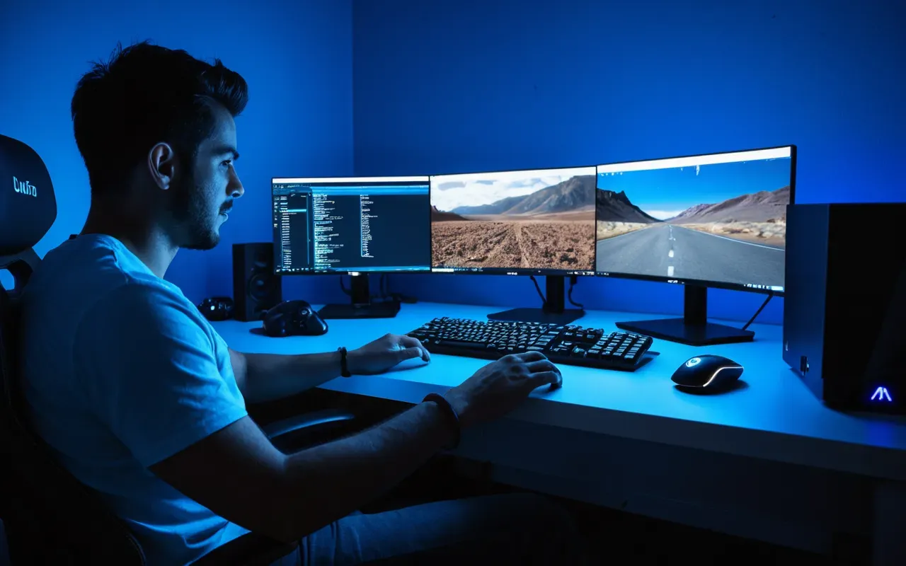 A person sitting at a modern gaming desk with two monitors and mechanical keyboard, hands resting on the mousepad under cool blue ambient lighting from an LED strip.