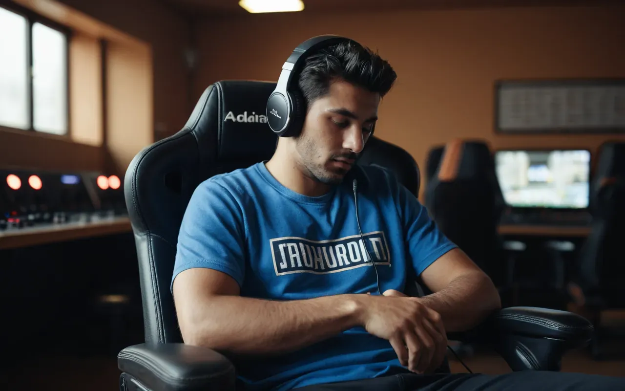 A person sitting in a gaming chair wearing headphones with their hands resting on the armrests looking tired after a long session.