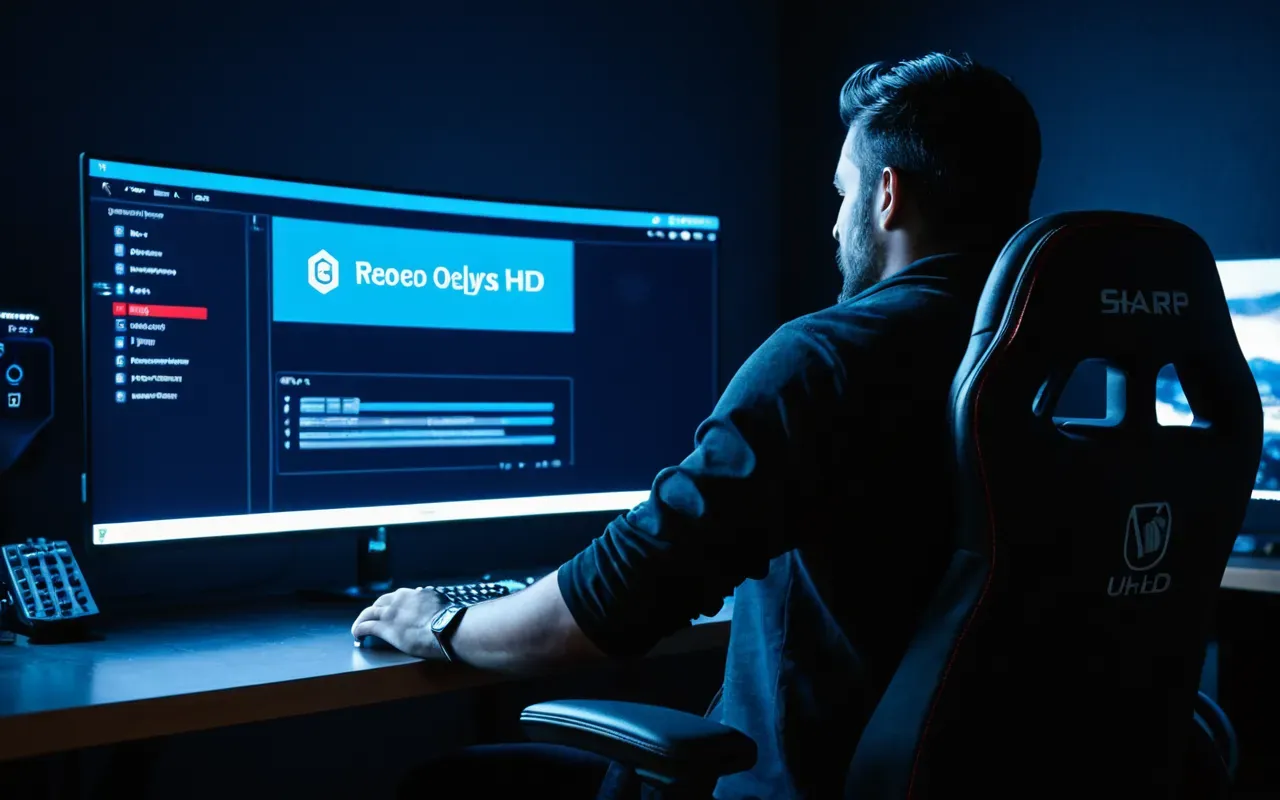 A person sitting in a modern gaming chair facing a large monitor. The room is dark with blue ambient lighting from the desk lamp.