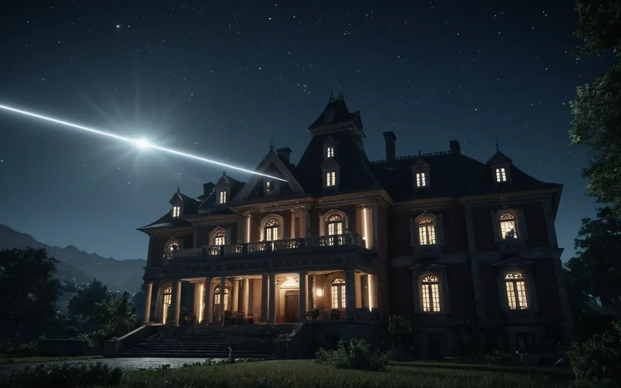 A player character gliding through the night sky above a mansion with a bright beam of light shining up from the roof into the darkness.