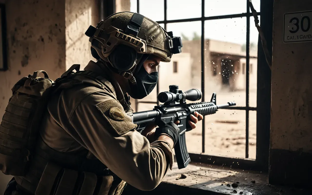A player in tactical gear aiming through a window with dramatic lighting and dust particles floating in the air creating a tense mood.