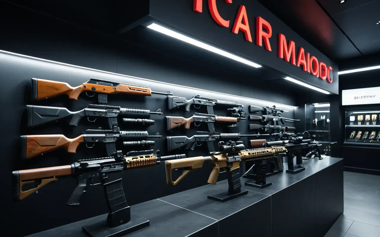 A row of various futuristic firearms displayed on a sleek black stand with soft overhead lighting highlighting the unique designs and colors of each weapon in an organized collection setup