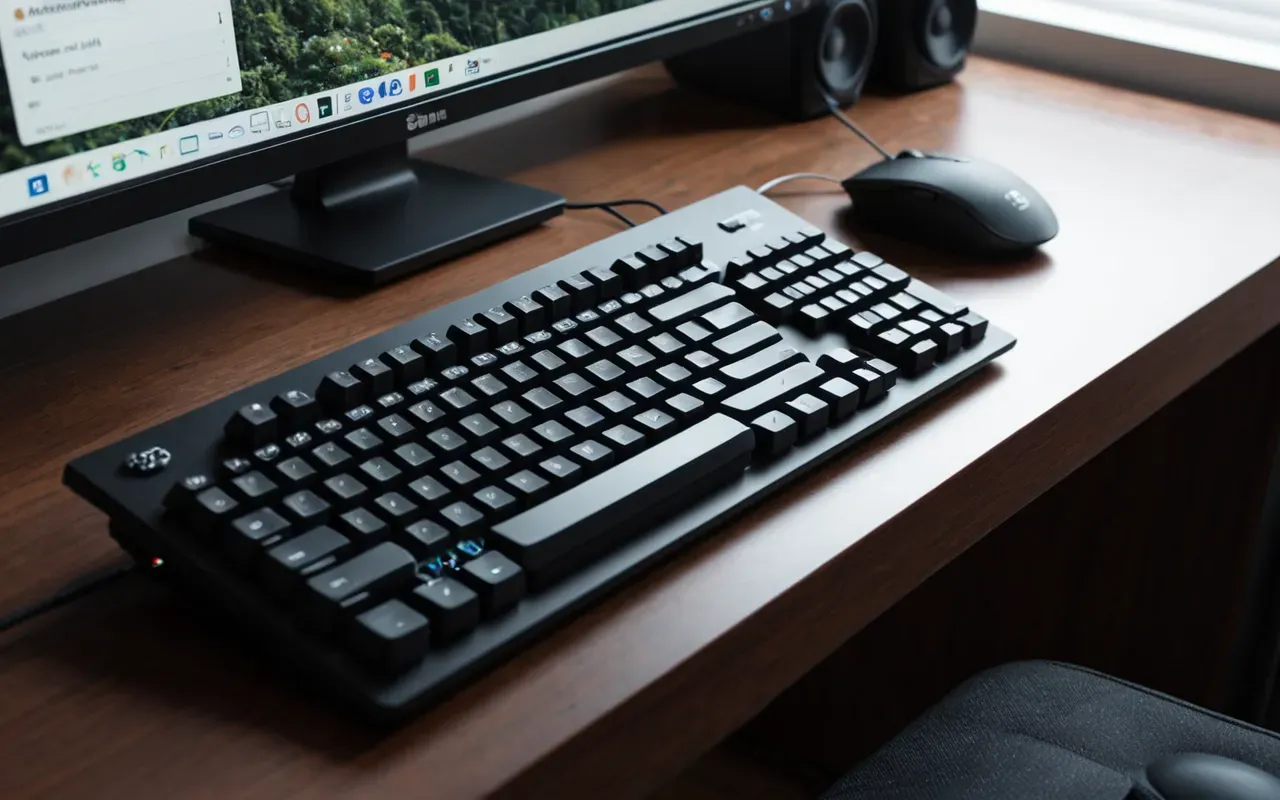 A sleek modern desk with a mechanical keyboard and mouse. The lighting is cool white from an overhead strip light creating sharp shadows.