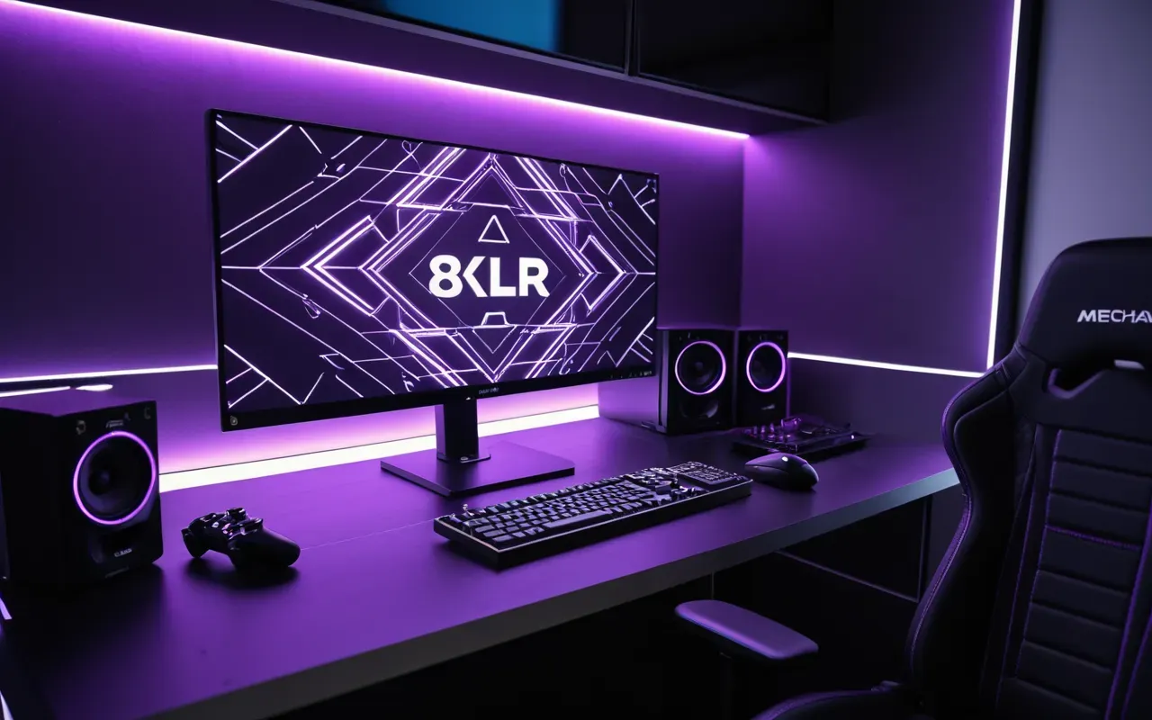 A sleek modern gaming setup with a high-end monitor displaying abstract geometric patterns and ambient purple lighting reflecting off the desk surface where mechanical keyboards and headsets rest neatly arranged without any visible text or logos.