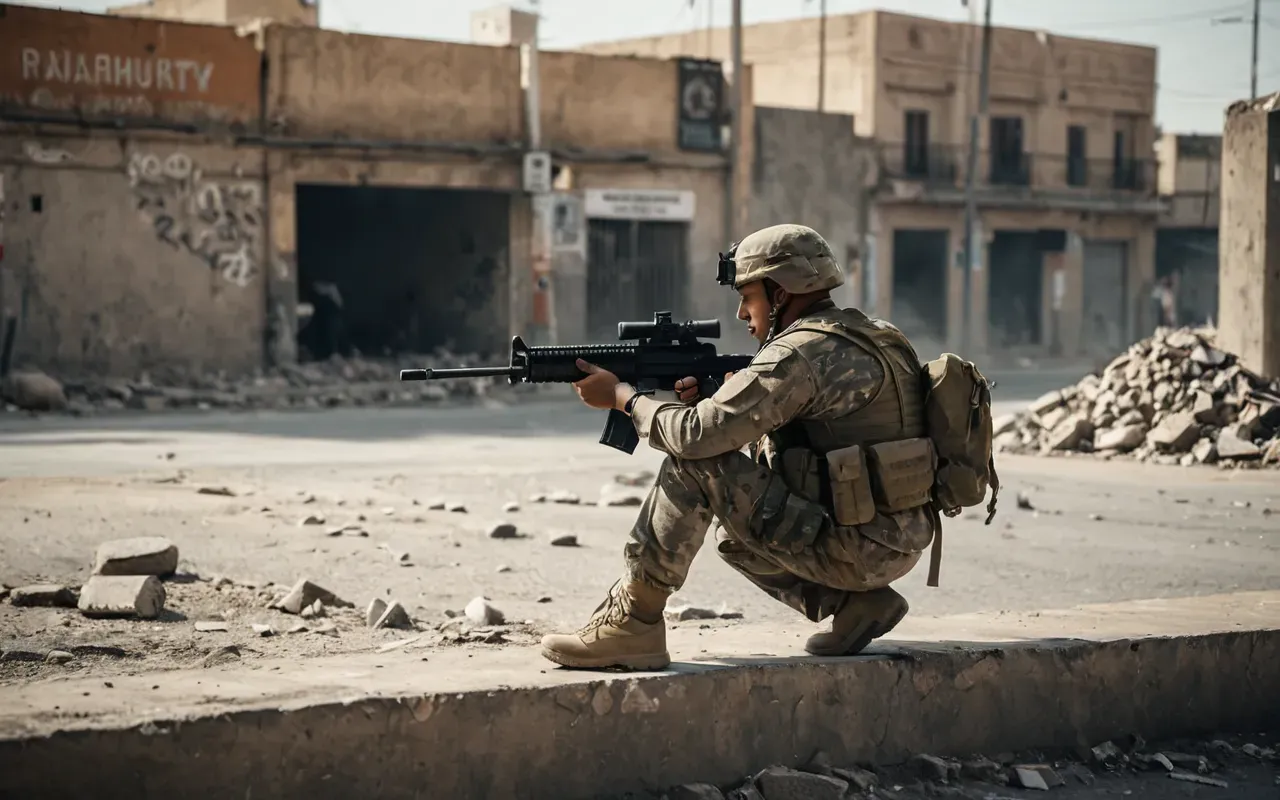 urban combat aiming scene A soldier crouching behind a concrete barrier aiming an assault rifle at a distant target in a dusty urban street with broken windows and scattered debris.