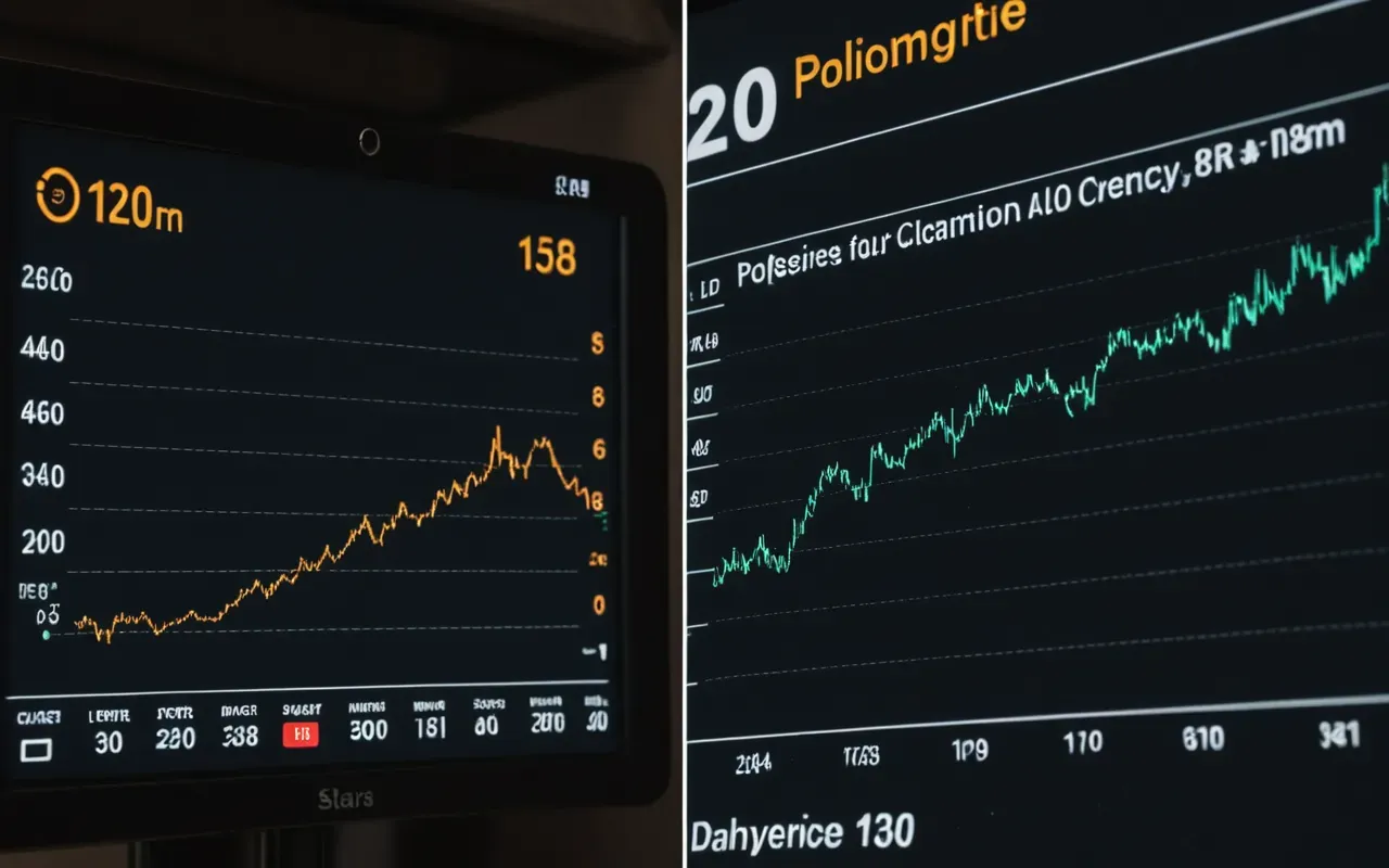 A split screen comparison showing two different graphs with one line rising steadily and another spiking sharply before dropping off in a dark modern digital dashboard style without any text or numbers visible.