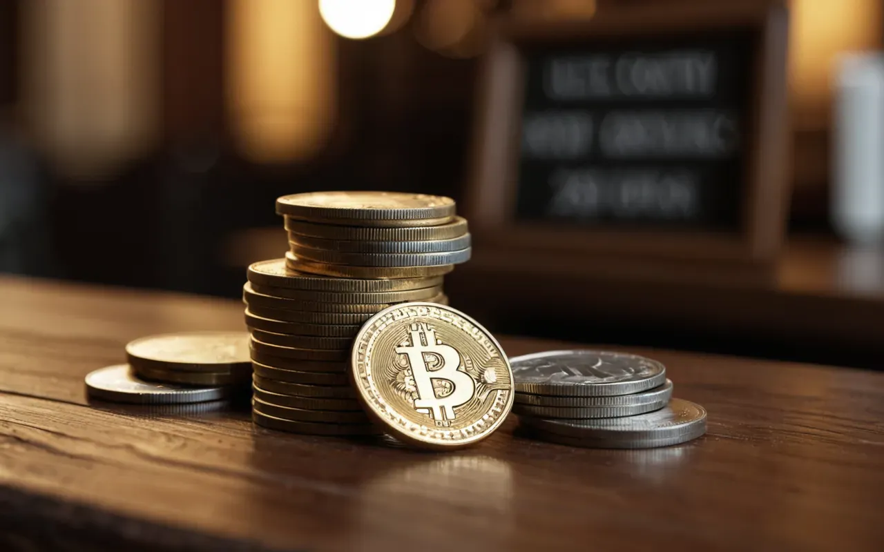 A stack of generic shiny coin-like objects arranged neatly on a wooden table. The background is blurred with soft warm lighting creating a sense of value and accumulation.