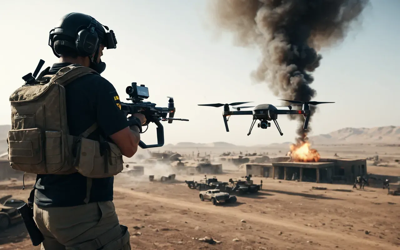 A tense first-person view of a futuristic supply drone hovering low over a dusty battlefield with smoke rising in the background and a player holding a rifle ready to fire.