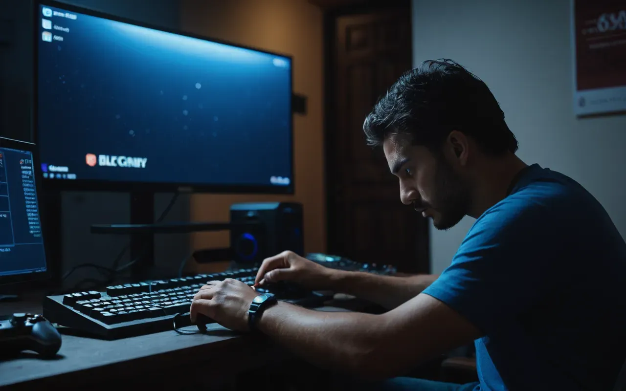 A tense nighttime gaming scene with a player sitting at a desk under blue monitor light, hands gripping a controller tightly, sweat visible on their brow, dark room background with soft ambient glow from the screen, close-up shot focusing on concentration and frustration.