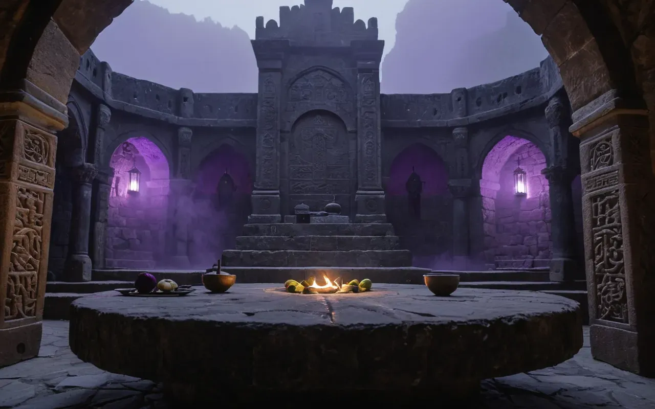 A tense scene inside a floating stone structure at night with purple glowing lights and fog surrounding the altar where a sword rests on top.