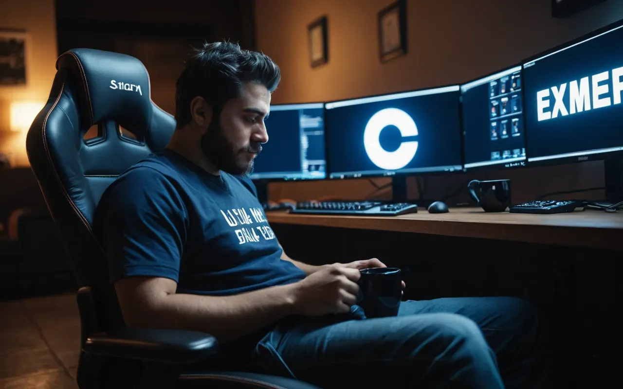 A tired gamer slumped in an ergonomic chair with blue light from dual monitors illuminating their face and a coffee mug nearby creating a moody atmosphere of exhaustion during late night gaming sessions