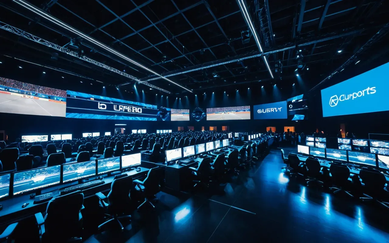A wide angle shot of an esports arena with rows of gaming stations facing a large stage area. The lighting is dim and focused on the screens creating a blue glow in the dark room.