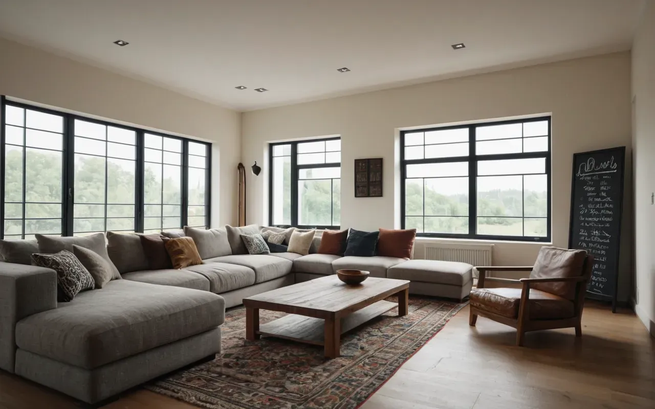 bright interior design A wide angle view of a modern living room with large windows letting in natural daylight and simple furniture arranged neatly against light colored walls