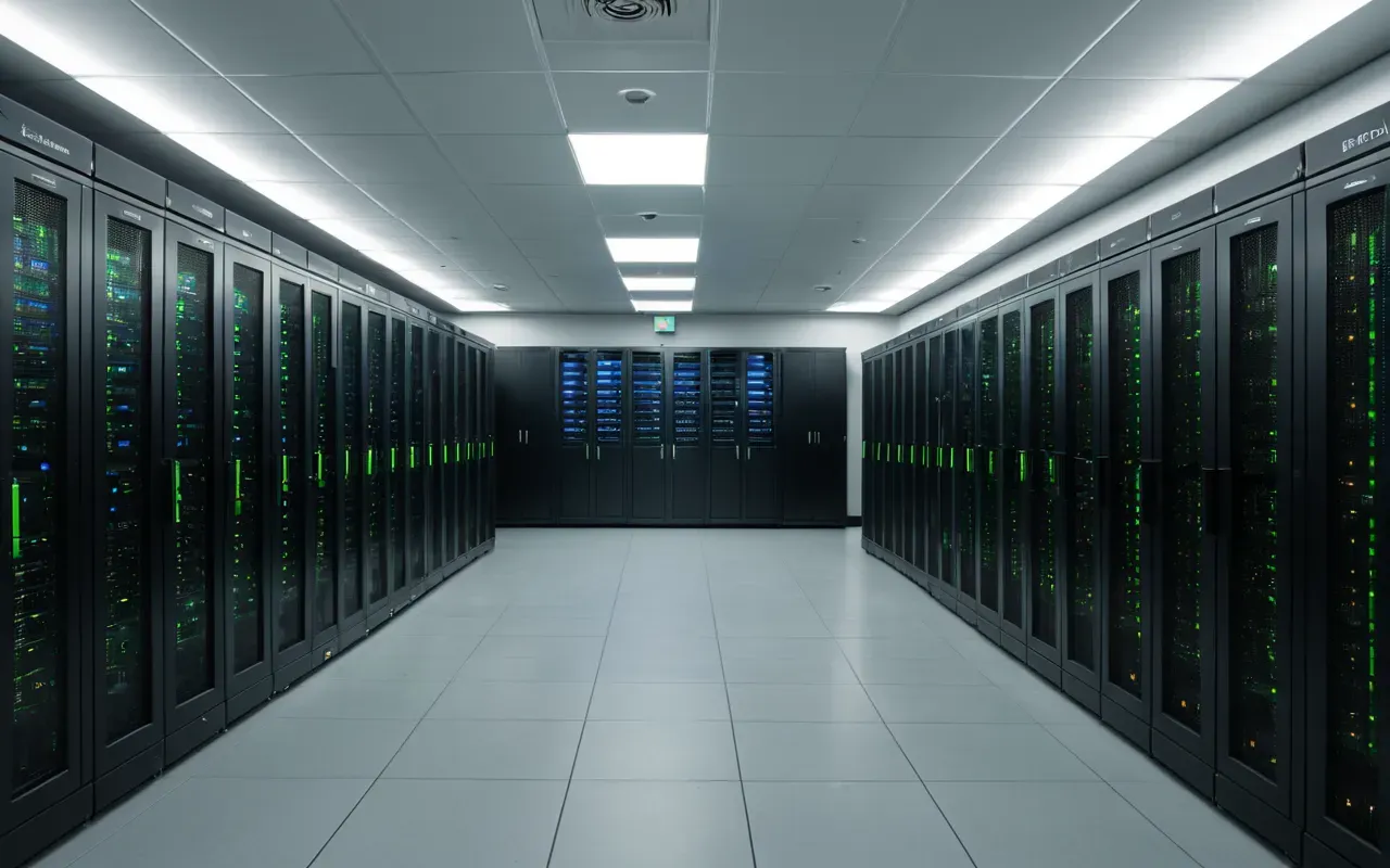 A wide-angle view of a modern server room with rows of black cabinets. Blue and green indicator lights blink rapidly on the front panels. The floor is polished concrete reflecting the cool blue light from above, creating a sterile and high-tech atmosphere.