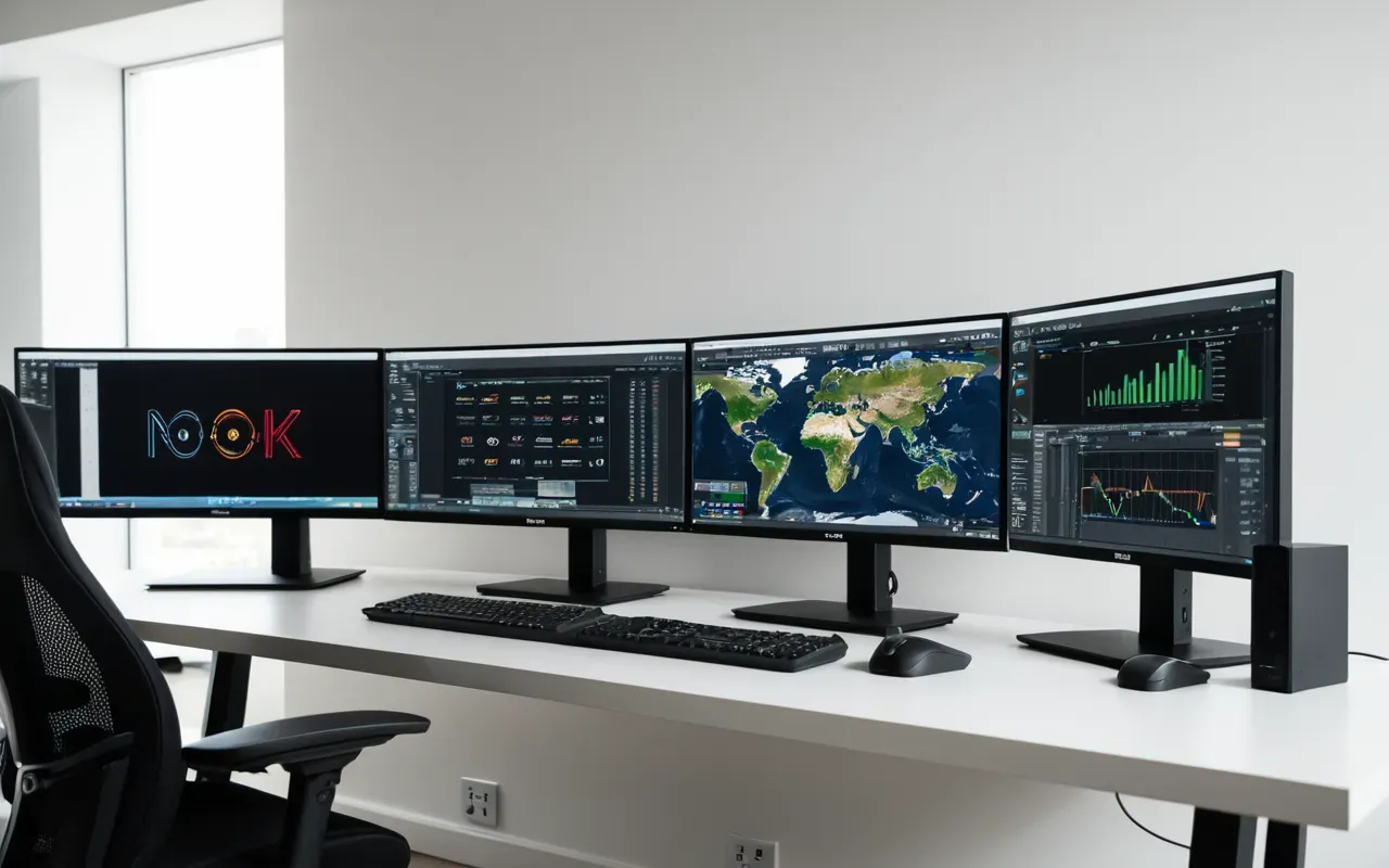 multi monitor setup A wide shot of a modern computer desk with multiple monitors arranged in a curved setup displaying neutral dark screens against a clean white wall background