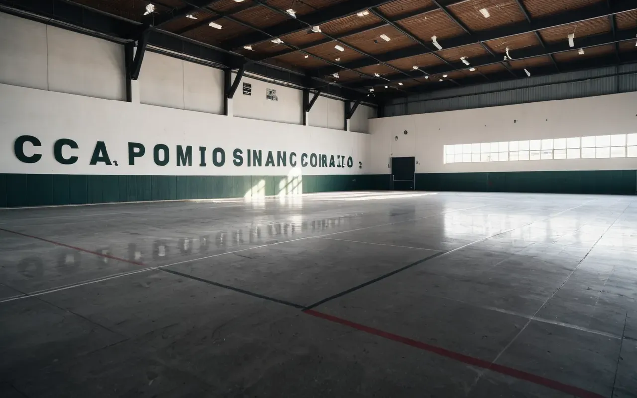 A wide shot of a modern indoor arena with smooth concrete floors and white walls where shadows fall sharply without any people or written signs visible