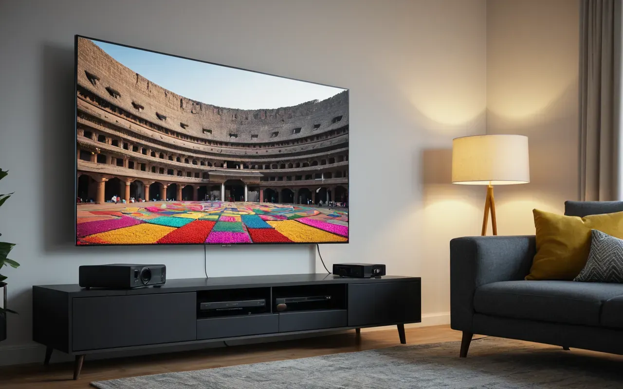 A wide shot of a modern living room with a large television screen displaying abstract colorful shapes. The lighting is soft and ambient from floor lamps.
